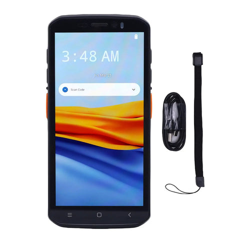 Rugged Handheld Barcode Scanner With 5.5 Inch Touch Screen for logistics and warehouse use, shown with cable and strap accessories.