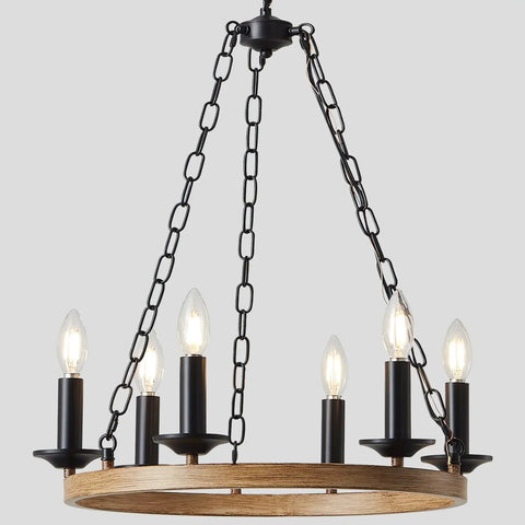 Six Light Farmhouse Chandelier With Rustic Industrial Wagon Wheel Design In Black, Distressed Metal Finish