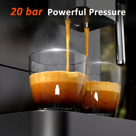 Total Game Changer Automatic Espresso Machine With Built In Grinder 20 Bar Coffee Maker Milk Frother pouring espresso into glasses.