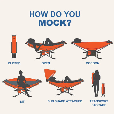 Illustration showing different uses of a Portable Hammock With Stand No Trees Needed Compact Folding Framed Hammock, including setup and transport.