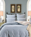 Blue Ceramic Table Lamps Set Of 2 For Nightstand And Living Room, Striped Blue And Gray On Cream Base, 24.25 Inch Tall