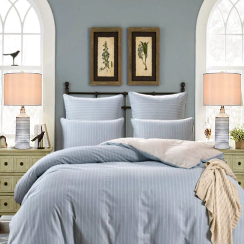 Blue Ceramic Table Lamps Set Of 2 For Nightstand And Living Room, Striped Blue And Gray On Cream Base, 24.25 Inch Tall