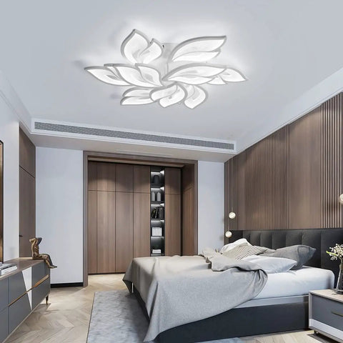 Modern LED Ceiling Light Dimmable Flower Petal Flush Mount Fixture Nine Head White Acrylic Petals 70W Chandelier Style