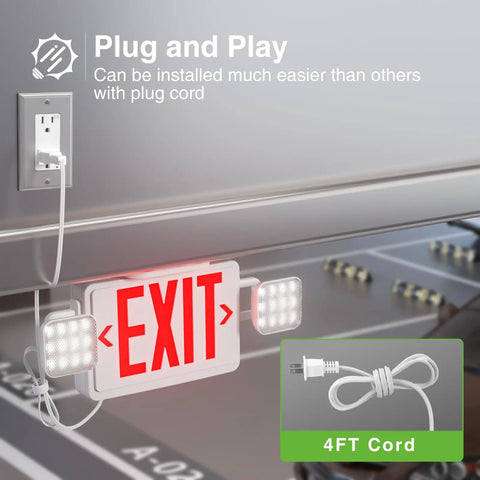 2 Pack Red Exit Signs With Emergency Lighting And 90 Minute Battery Backup, Built Tough Flame Resistant Shell, No Hassle Plug In Cord For Solid Business Safety Compliance mounted with 4ft cord.
