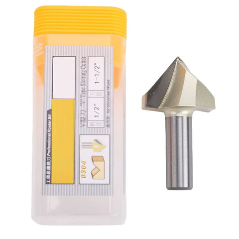 Top Tier 90 Degree V Groove Router Bit With 1/2 Inch Shank For Woodworking Projects, includes packaging and bit details.