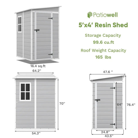 Diagram of 5x4 Ft Outdoor Resin Storage Shed With Floor And Lockable Window Door, featuring dimensions and storage capacity, light gray