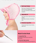 DIY At Home Hair Highlight Kit With Bleach Cap Set showing dual-layer pink frosting cap on model and metal crochet hook close-up.