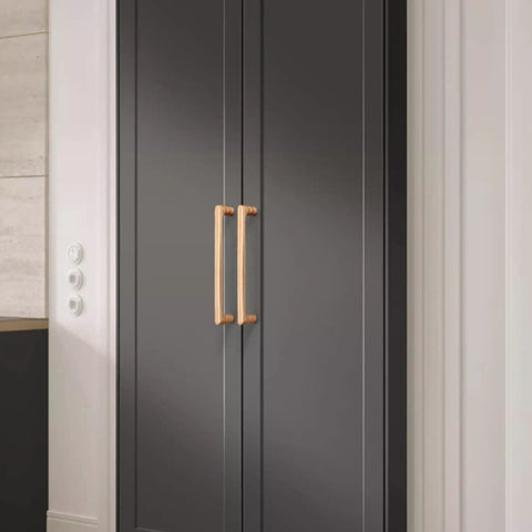 Built Tough Solid White Oak Wood Drawer Knobs For Kitchen Cabinets And Bedroom Dressers Featuring A Modern Single Hole Mount on dark cabinets.