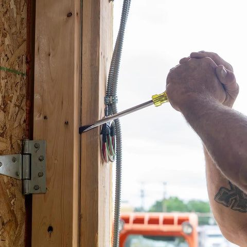 Demolition Screwdriver Set For Tough Jobs Pry Ready in use on wooden frame, showing leverage and grip on electrical box.
