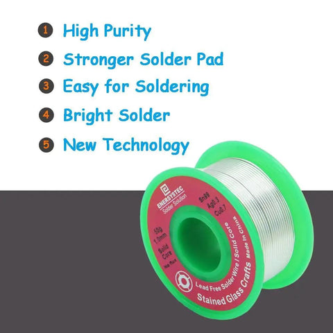 Stained Glass Solder Wire 1.0mm Solid Core Lead Free Without Flux Core 50g Craft Solder spool with label showing product details.