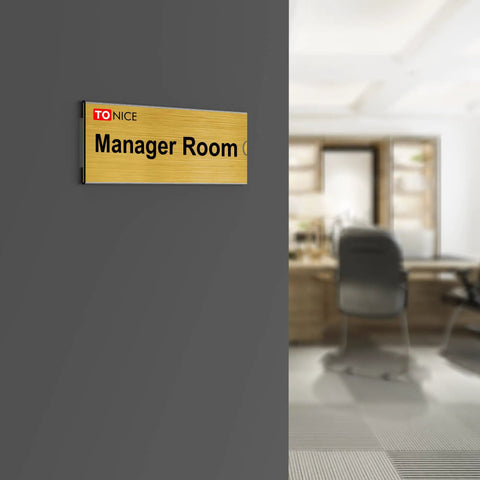 Manager room door with sign using 12 Pack 2x8 Inch Clear Acrylic Desk Nameplate Holders, Double Sided Wall Mount Name Tag Displays