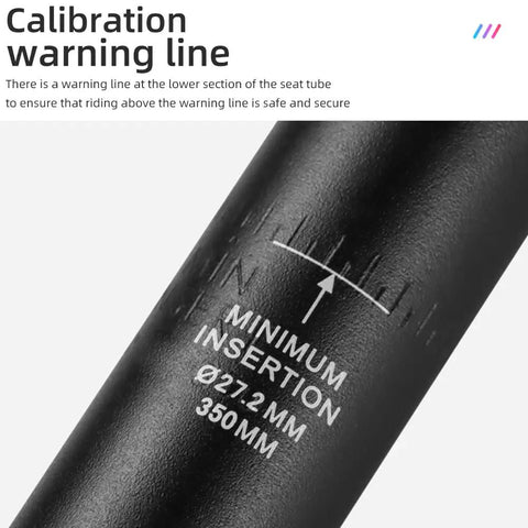 Close-up of Suspension Bike Seat Post 27.2x350mm With Shock Absorber showing calibration warning line for safety and security.