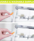 Reusable and washable silicone ear plugs being rinsed under water, Silicone Sleep Ear Plugs for Sleeping and Travel, Noise Canceling 25dB NRR.