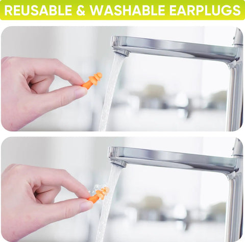 Reusable and washable silicone ear plugs being rinsed under water, Silicone Sleep Ear Plugs for Sleeping and Travel, Noise Canceling 25dB NRR.