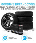 No Stress Flat Tire Rescue Kit With Built In 12V Air Compressor And Smart Sealant Pump For Cars Suvs And Electric Vehicles Quick Trailhead Fix. Compact inflator with surrounding tires.