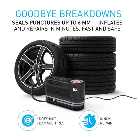 No Stress Flat Tire Rescue Kit With Built In 12V Air Compressor And Smart Sealant Pump For Cars Suvs And Electric Vehicles Quick Trailhead Fix. Compact inflator with surrounding tires.