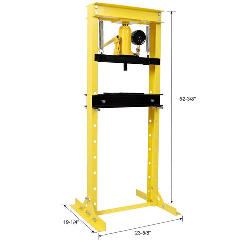 Hardcore 12 Ton Hydraulic Shop Press With Pressure Gauge And Rock Solid Steel Frame Bottle Jack Rig for automotive repair, 52-3/8 inches tall.