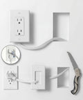 In Wall Cable Management Kit With Recessed Outlet Box And Dual Outlet Extender For Wall Mounted TV shown with saw and cords