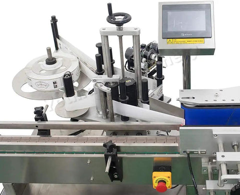 Straight Up Reliable Automatic Round Bottle Labeling Machine With Slick Touch Screen Interface No Sweat Commercial Setup For Beer Containers Built Tough 10 To 180 Mm Height Range, top view showing adjustable height and label dispenser.