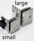Premium Glass Hinge Set Four Piece Kitchen Bath Pivot Bracket Slick Chrome Finish showcasing large and small sizes.