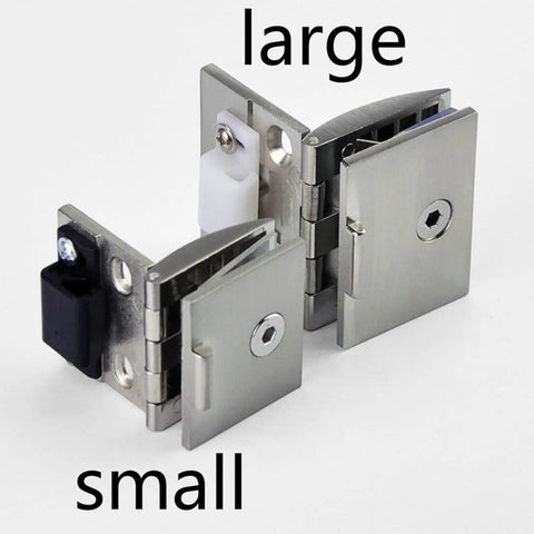 Premium Glass Hinge Set Four Piece Kitchen Bath Pivot Bracket Slick Chrome Finish showcasing large and small sizes.