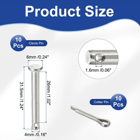 10Pcs M4x30mm Clevis Pins made from 304 stainless steel with single hole flat head, size details and cotter pins illustration.