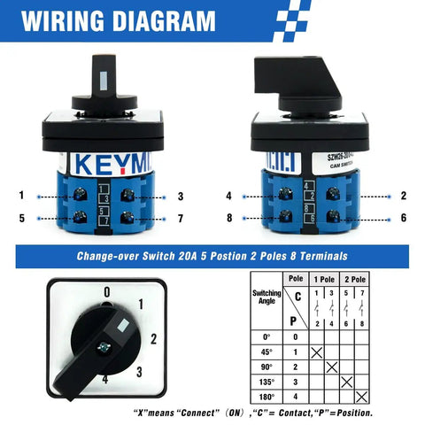 Wiring diagram of Rotary Changeover Switch Five Position Two Pole Eight Terminal Industrial Heavy Duty Selector Switch 660V 20A