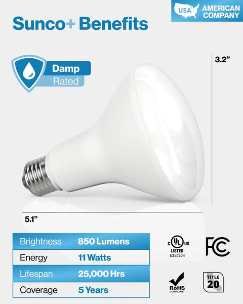 Side view of 6 Pack BR30 LED Recessed Can Light Bulbs For Indoor Flood Lighting, 850 Lumens, 11W 65W Equivalent, 3000K Warm White, Dimmable, E26 Base, Fits 5 And 6 Inch Recessed Cans, UL Listed, Great For Home Kitchen Bedroom showing damp rated feature.