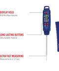 Image of the Advanced Digital Waterproof Meat Thermometer with Temperature Hold, blue design, 3.25-inch probe, protective sheath visible.