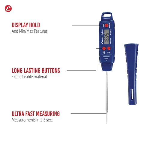 Image of the Advanced Digital Waterproof Meat Thermometer with Temperature Hold, blue design, 3.25-inch probe, protective sheath visible.