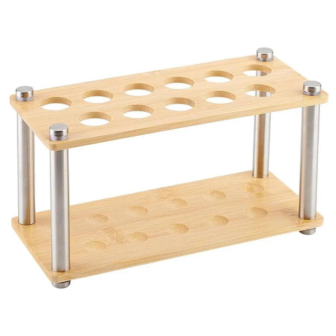 11 Hole Wood Test Tube Rack For 21.5mm Diameter Tubes, Burlywood finish, sturdy organizer with metallic supports, non-slip design.
