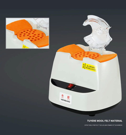 Pro Level Glasses Frame Warmer With Knockout Fast Ceramic Core hot air tool showing orange wool pads for eyeglass frame heating.