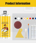 Fast Drying Tile Repair Glue Kit For Cracks And Chips On Tile Stone Porcelain Countertops And Bathtubs DIY Friendly With 8 Pigment Blend To Match Surfaces Strong Bond That Stands Up To Heavy Foot Traffic Complete 3 Piece Kit showing pigments, glue, brush, and tools.
