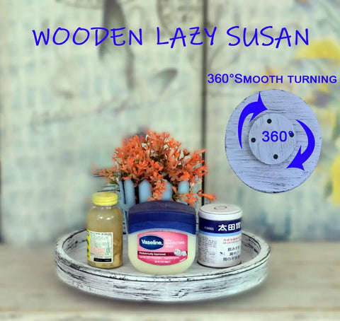 14 Inch White Distressed Round Lazy Susan Real Deal Farmhouse Turntable Smooth Spinning Wooden Serving Tray with small items.