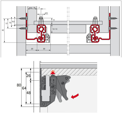 Detailed diagram of Premium Top Shelf Drawer Slide Connector Quadro V6 And V6 Plus System with measurements and fittings.