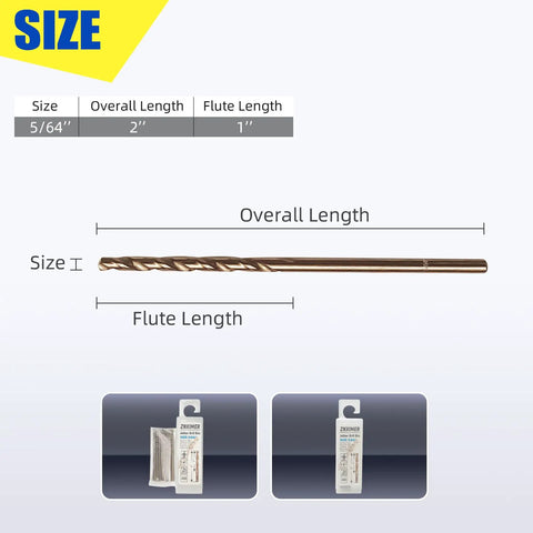 5/64 Inch Cobalt Drill Bit Set M35 High Speed Steel Jobber Length 135 Degree Point For Hard Metal Stainless Steel Cast Iron Includes Index Storage Case 10 Piece Pack, displayed with dimensions and packaging.