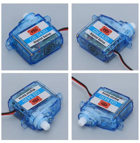 Ultra Light Micro Coreless Digital Servo Set Of Four 4.3g GH S43D for RC Planes, showcasing blue casing and wiring