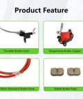 Product features showcasing components of Upgraded Mini Bike Hydraulic Brake Kit With Rear Caliper Mounting Bracket Adapter For Coleman CT100U