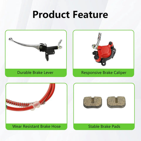 Product features showcasing components of Upgraded Mini Bike Hydraulic Brake Kit With Rear Caliper Mounting Bracket Adapter For Coleman CT100U