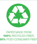 Recycling symbol with text 'Paper Made From 100% Recycled Fiber, 60% Post-Consumer Fiber' below.