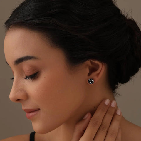 10mm Caviar Beaded Stud Earrings In 925 Sterling Silver, Oxidized Antique Ball Post For Women And Teens, Subtle Shine With Classic Jewelry Vibe Timeless Everyday Go To Sparkle Accessory With Hypoallergenic Comfort And Easy Wear. worn on model