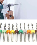 10Pcs Micro Twist Bit Set With Tungsten Steel Bits For PCB Repair arranged in a row with drill handle, showing precision loop.