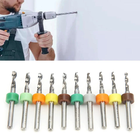 10Pcs Micro Twist Bit Set With Tungsten Steel Bits For PCB Repair arranged in a row with drill handle, showing precision loop.