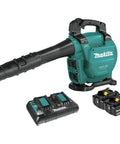 Game Changing Cordless Leaf Blower Kit Equipped With A Brushless Motor Pumping 473 CFM And 120 MPH Air With Zero Hassle Cruise Control And Rapid Swap Batteries For Knocking Down Piles And Hauling Leaves Straight, showing teal blower and battery charger.