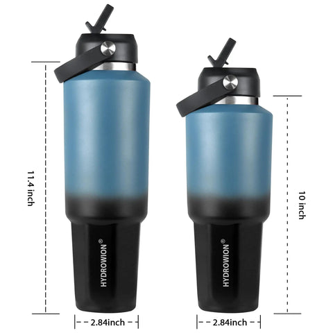 Stainless Steel Forty Oz Insulated Water Bottle Triple Wall Copper Core Keeps Cool Drinks Frosty Solid All Day With Tight Seal Straw Lid Built Different For Road Trips large and medium sizes showing dimensions.
