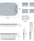 9 In 1 Collapsible Cutting Board With Colander For Camping And Outdoor Kitchens, dimensions and included accessories, gray.