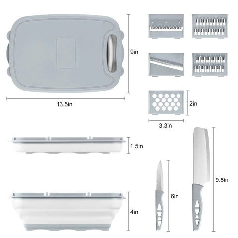 9 In 1 Collapsible Cutting Board With Colander For Camping And Outdoor Kitchens, dimensions and included accessories, gray.