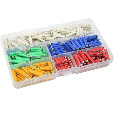 200 Pieces European Classic Car Fuses Plug And Play Auto Blade Set With 5A 8A 10A 16A 25A Color Coded Circuit Protection sorted in a clear box.
