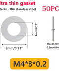 M8 Stainless Flat Washers 8mm ID X 14mm OD X 0.2mm Thick Ultra Thin Spacers, 50 Pcs, 304 Stainless Steel, Corrosion Resistant Hardware for DIY Projects. Spec diagram showing M4*8*0.2 washer size