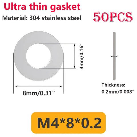 M8 Stainless Flat Washers 8mm ID X 14mm OD X 0.2mm Thick Ultra Thin Spacers, 50 Pcs, 304 Stainless Steel, Corrosion Resistant Hardware for DIY Projects. Spec diagram showing M4*8*0.2 washer size